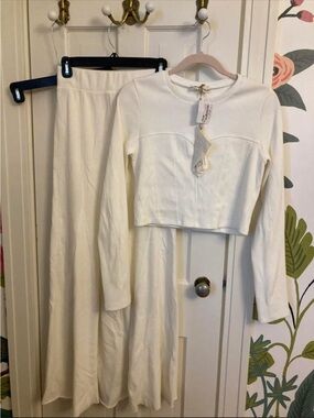 Ivory Two-Piece Skirt Set - Long Skirt & Cropped Long-Sleeve Top